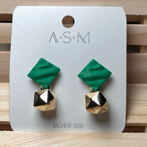Geometrical Gold/ Green Dangle Earring Silver925